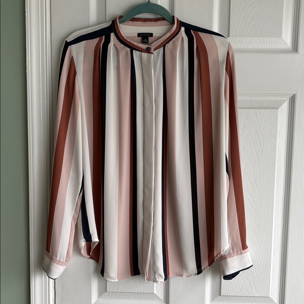 Ann Taylor Pink and Navy Striped Blouse